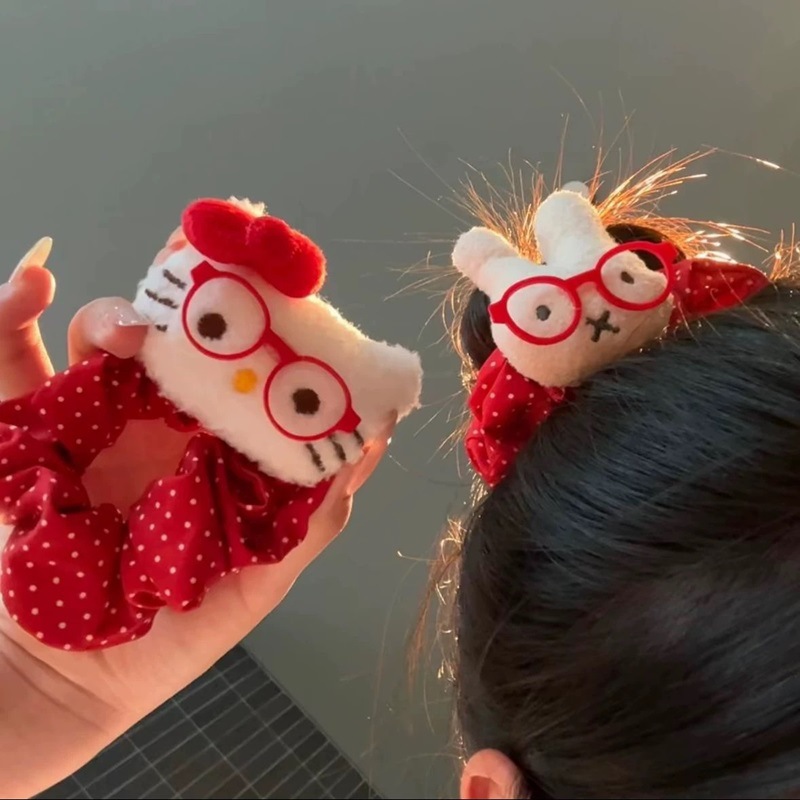 Cartoon red polka dots with glasses, Miffy rabbit hair tie, girl's ponytail, KT cat large intestine ring, sweet bun hair tie details Picture
