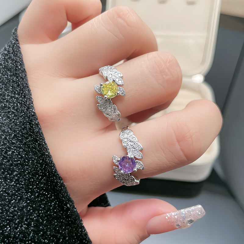 New high-end and elegant purple diamond open ring for women, a light luxury leaf sweet and cool niche cold style exquisite best friend ring details Picture