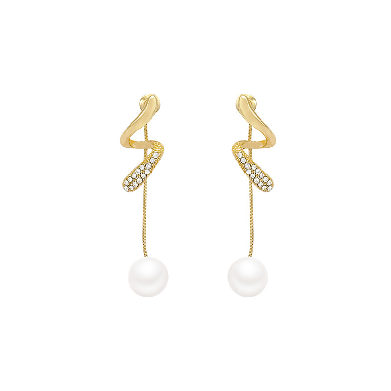Light luxury diamond-encrusted spiral tassel pearl earrings, a niche design for women with elegant stud earrings, a new style of elegant earrings in 2025 Item Picture