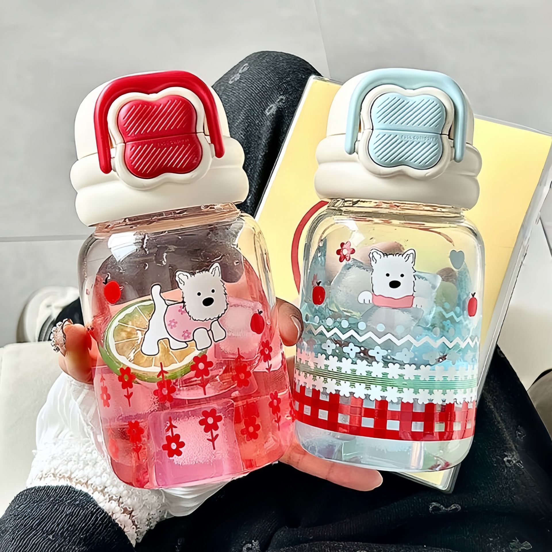 Little Dog West Highland Glass Cup, high appearance level, student double-drinking straw cup, portable, heat-resistant, cute girls' water cup full figure