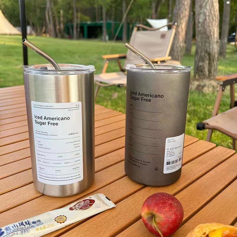 High-appearation-level 304 stainless steel iced Americano cup, vacuum double-layer cup with straw, latte insulated cup full figure