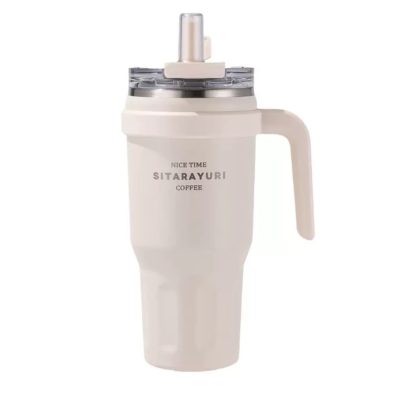 Large-capacity stainless steel insulated cup with handle, girls' office ice king coffee cup, outdoor portable car straw cup Item Picture