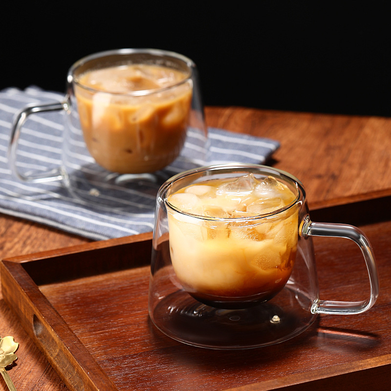 High-appearance-level milk coffee cup, heat-resistant handle cup, a best-selling souvenir, double-layer insulated glass cup Specification drawing