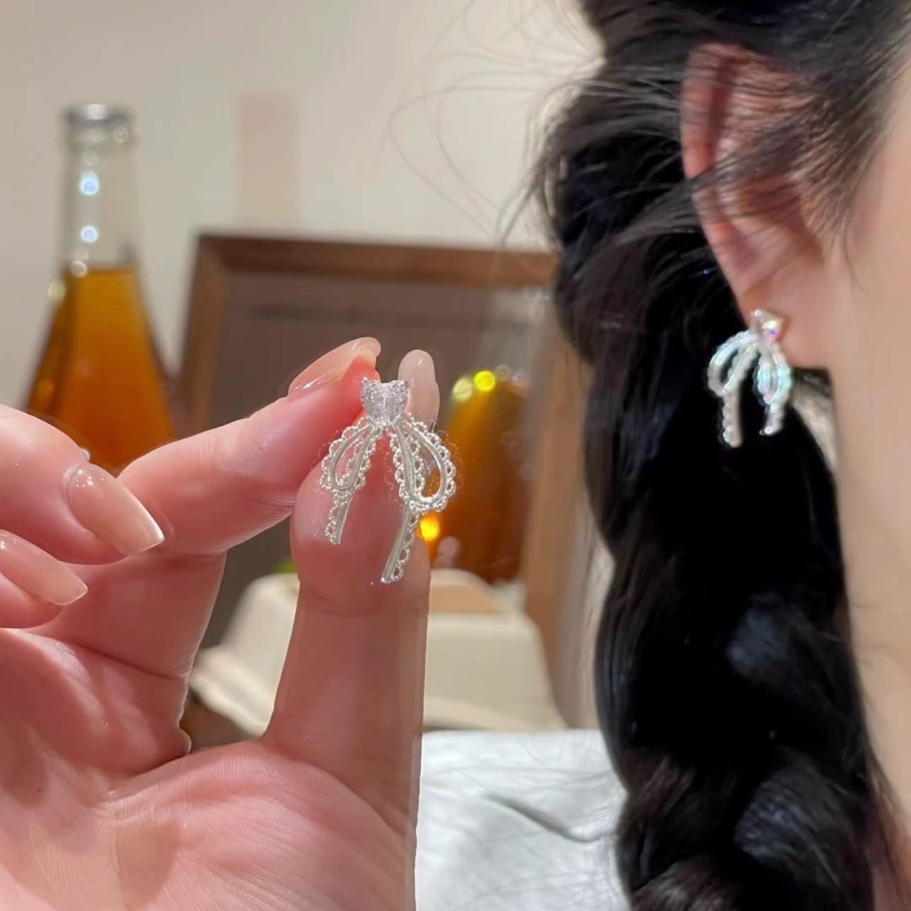 French lace bow stud s925 silver needle women's niche design exquisite and high-end earrings ribbon earrings full figure