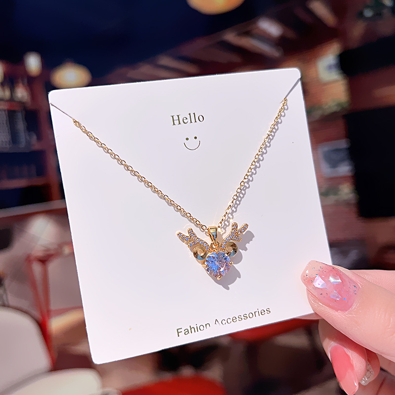 Korean version sweet and exquisite zircon antler necklace, niche and light luxury design sense titanium steel collarbone chain, One Deer with You necklace details Picture
