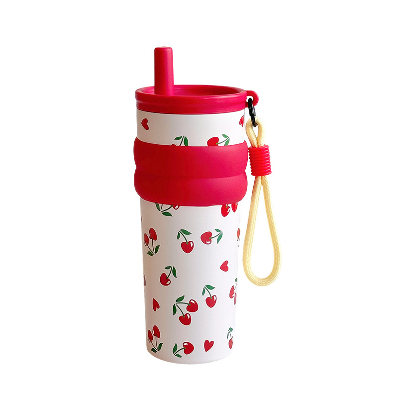 Cute cartoon illustration drawstring straw cup, stainless steel student insulated cup for office drinking, 680ml cold preservation cup Item Picture