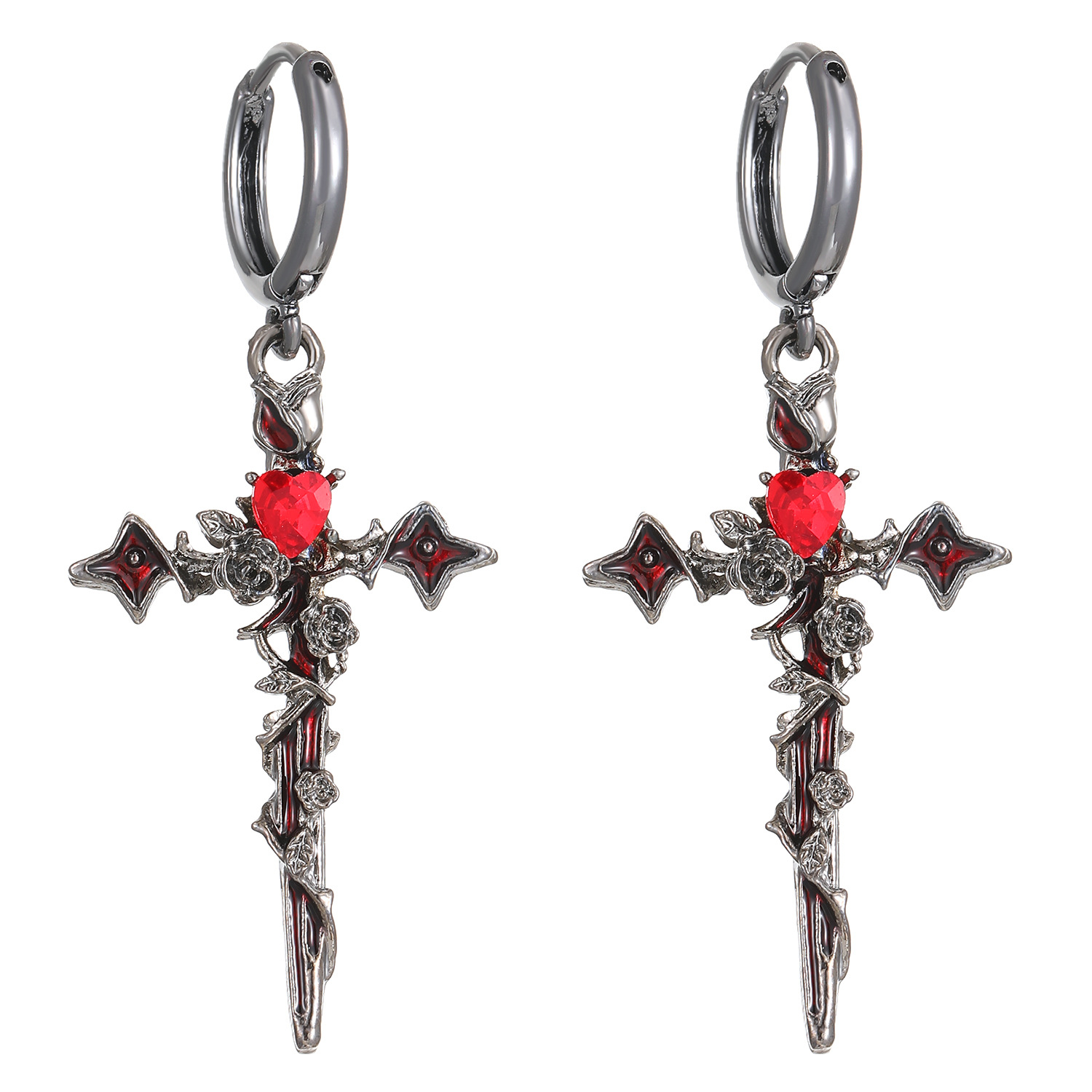 European and American cross-border dark thorns oil rose heart cross earrings for women, chain rivets punk earrings for men Item Picture