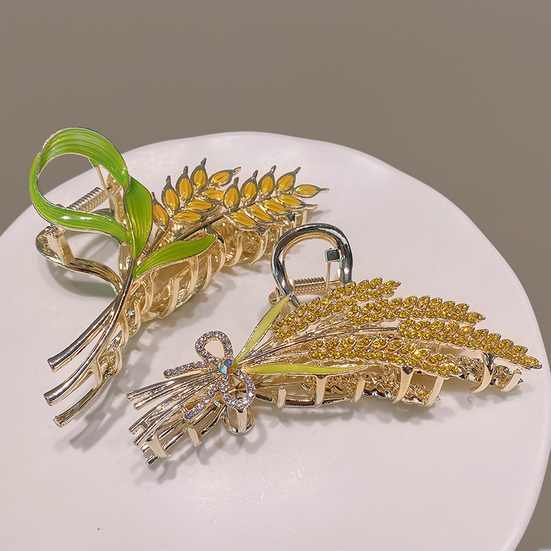 2023 New Golden wheat ear high-end style hair clip for women's summer large shark-shaped hairpin at the back of the head Specification drawing