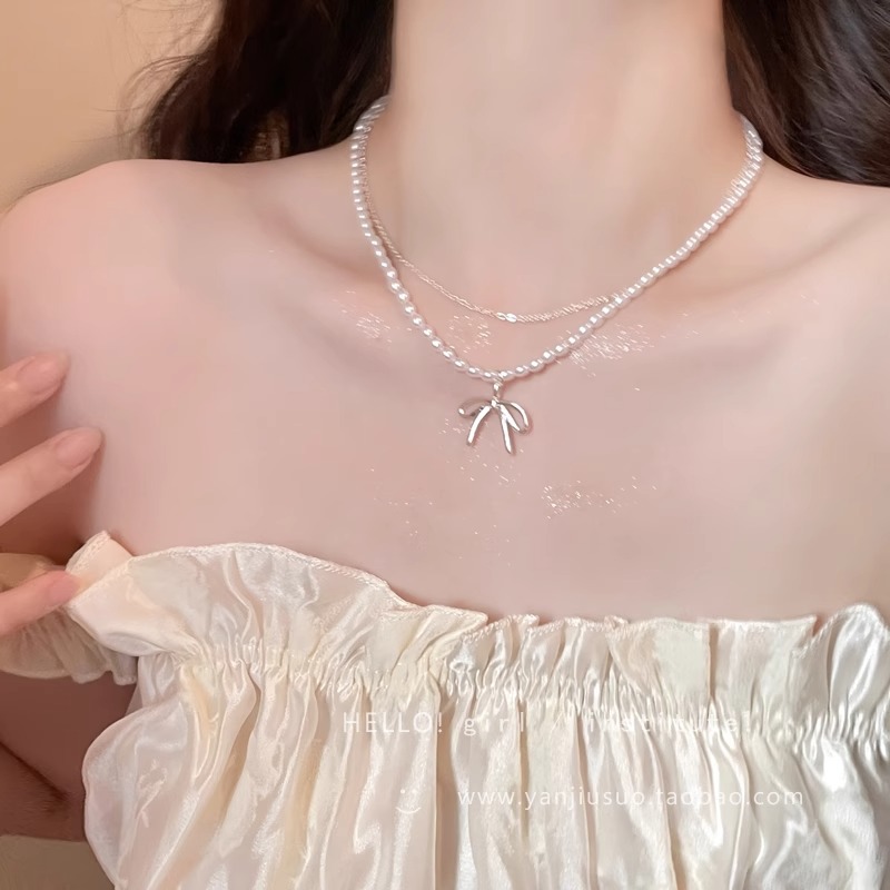 Double-layer bow pearl necklace for women, 2025 new style, light luxury collarbone chain feel, elegant and versatile, sweet necklace Specification drawing
