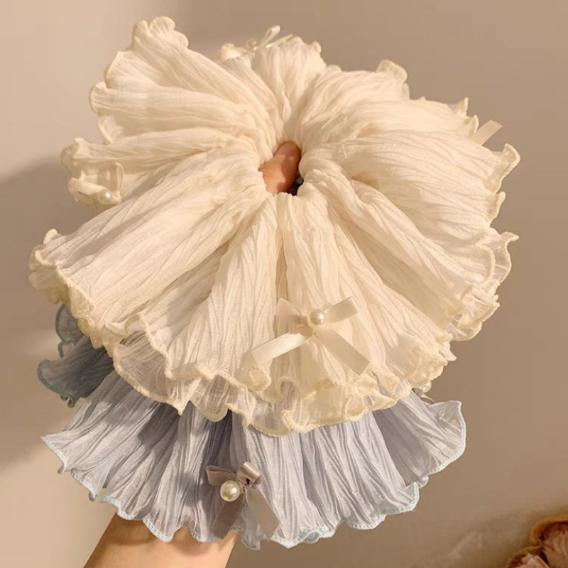 Sweet large-sized pearl bow double-layer large intestine hair band, Korean-style hair tie for women, low ponytail hair tie on the side full figure