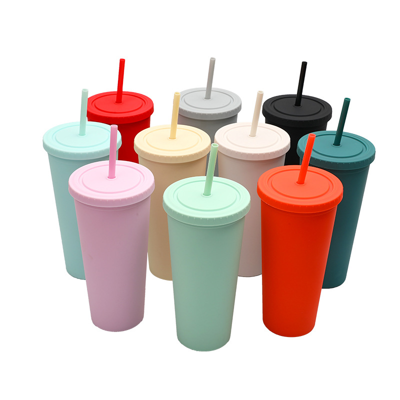 Factory direct supply of double-layer matte touch plastic straw cups with matte heat transfer patterns in stock full figure