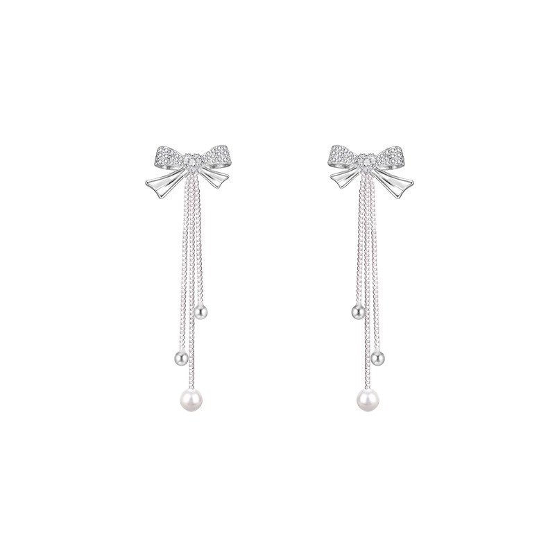 Bow slightly inset tassel earrings, a niche design sense, a high-end and cold style, trendy earrings, 925 silver needle earrings Item Picture