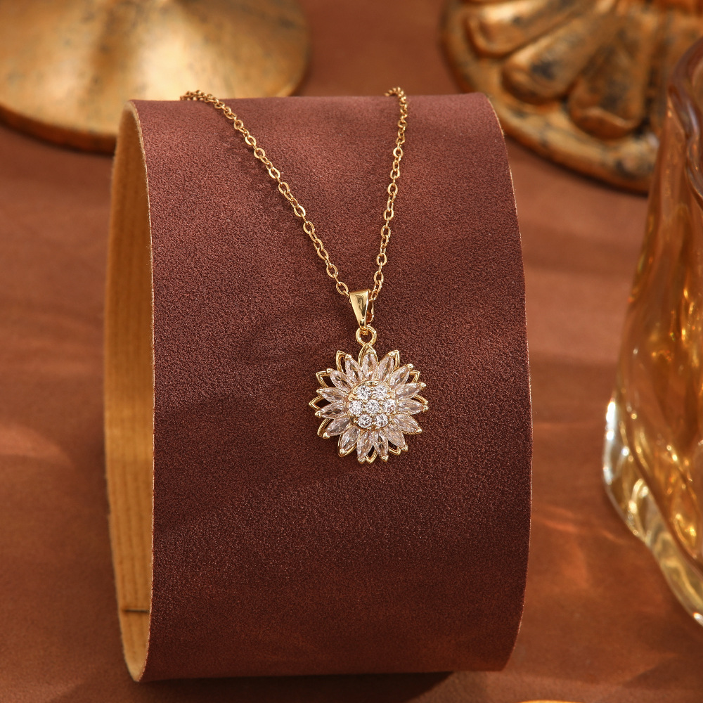Light luxury full-diamond rotating sunflower Amazon cross-border necklace, non-fading, versatile and high-end accessory for women wholesale Specification drawing