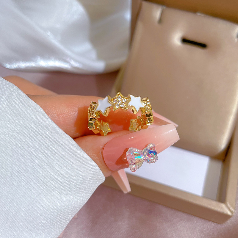【 Real Gold 】 Five-pointed star micro-set ring for women, adjustable opening ring accessory, the same style as Douyin, a popular online accessory details Picture