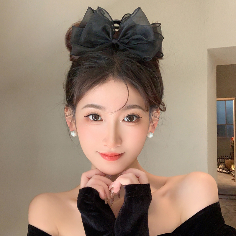 Black bow clip, "Fugitive Princess" hair accessory, high-end, large back head bun hair clip, headwear, shark clip details Picture
