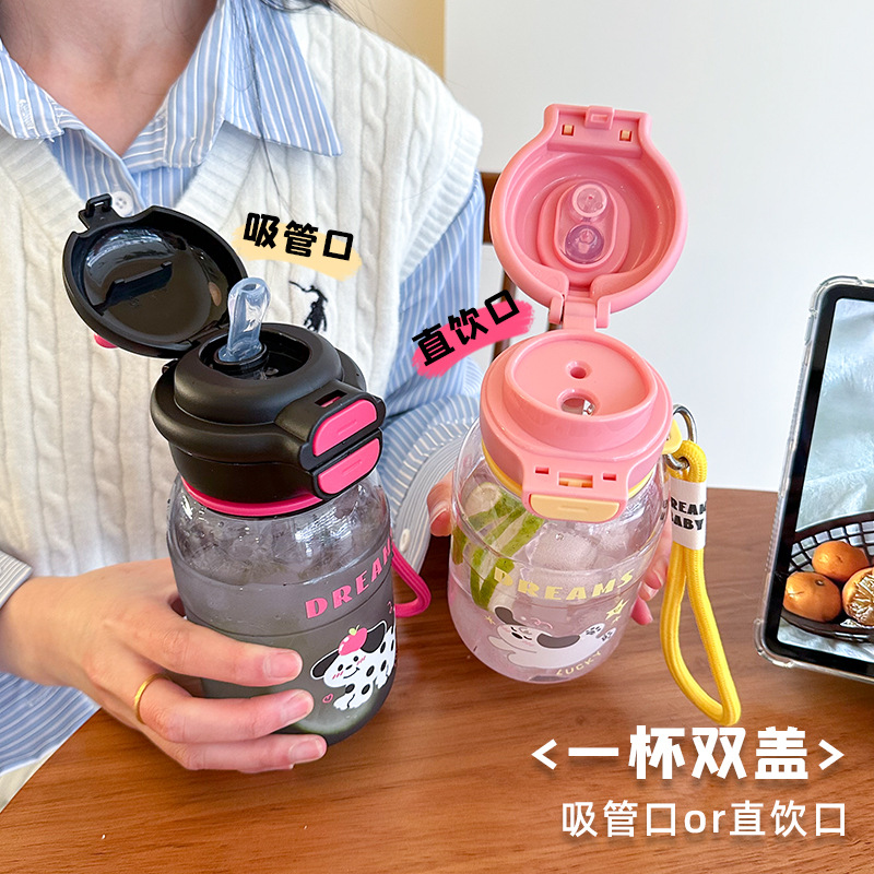 Wholesale of cartoon doll plastic cups, creative one-lid double-drinking straw cups, outdoor portable hand-held school water cups details Picture