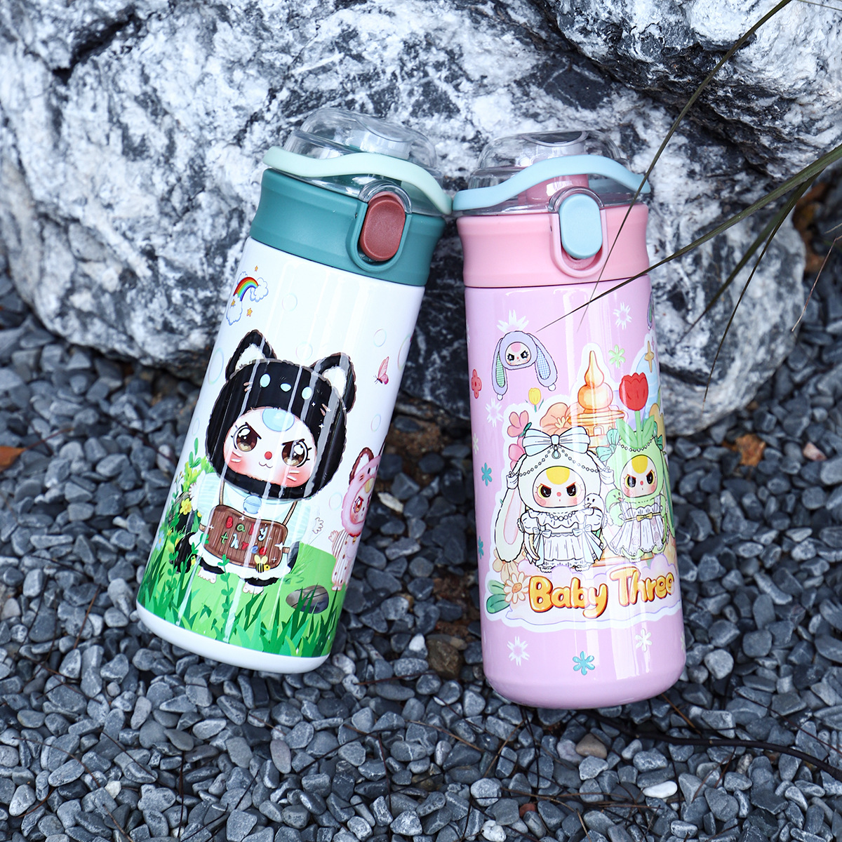 New 304 stainless steel cartoon pea cup, outdoor portable handle insulated cup, double-layer vacuum gift water cup details Picture
