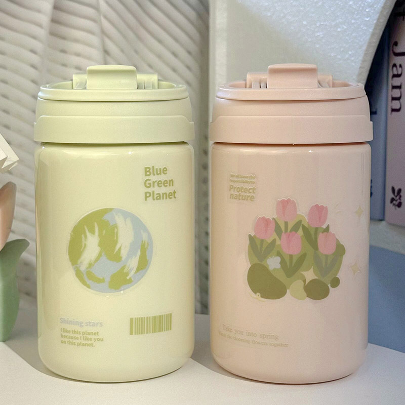 New leak-proof water cup handle for girls, simple sticker portable double-drinking straw cup, large-capacity plastic cup Specification drawing