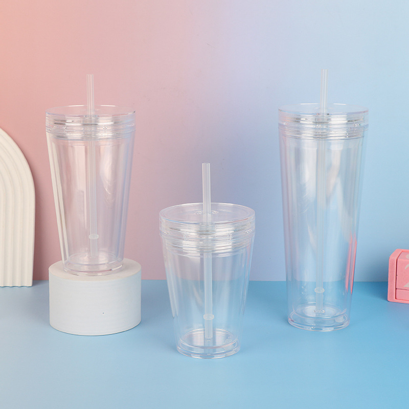 The new double-layer lid creative DIY plastic cup can be added with sequined glitter color transparent double-layer straw cup with stopper full figure