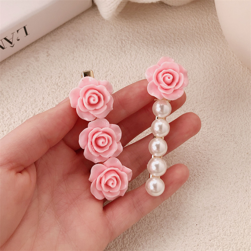 Pink rose hair clips, flower and girlish side clips, high appearance level, broken hair clips, sweet and versatile clips, hair clips details Picture