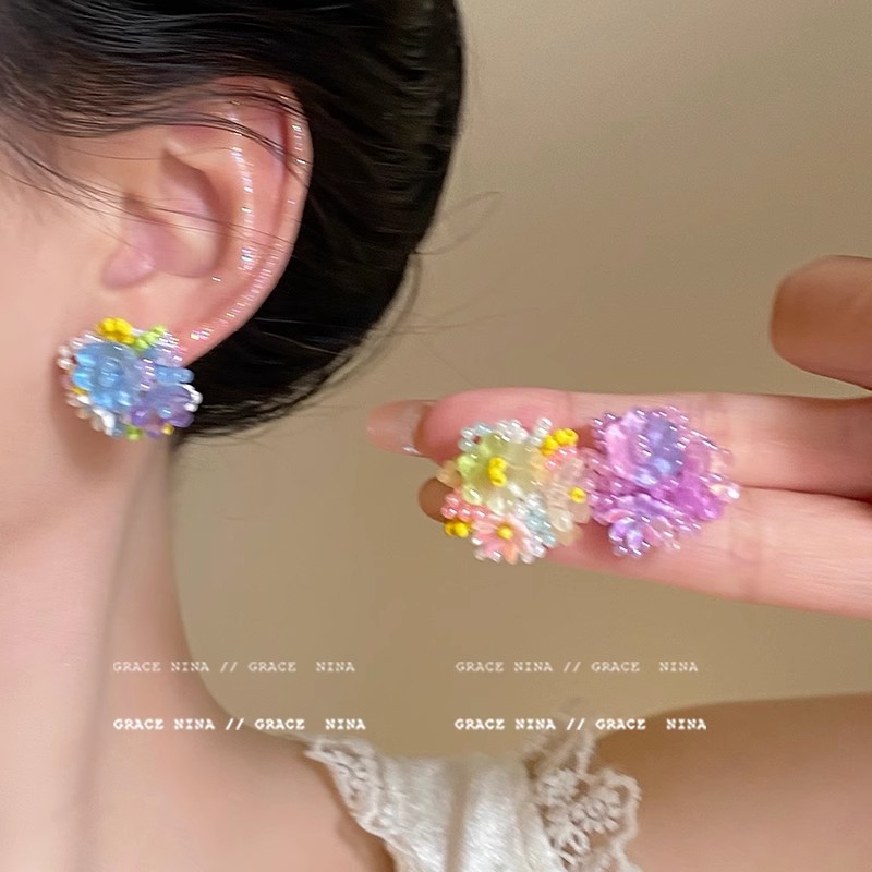 Dopamine colorful flower stud earrings for women, seaside vacation style, floral earrings for young girls, fashionable, fresh and elegant earrings full figure