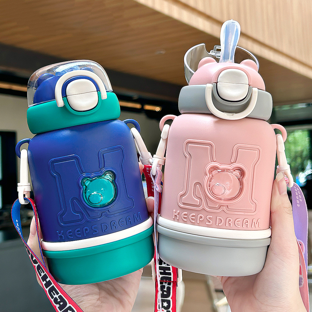 304 stainless steel insulated cup, children's special household straw, cute portable large-capacity cup, student water cup full figure