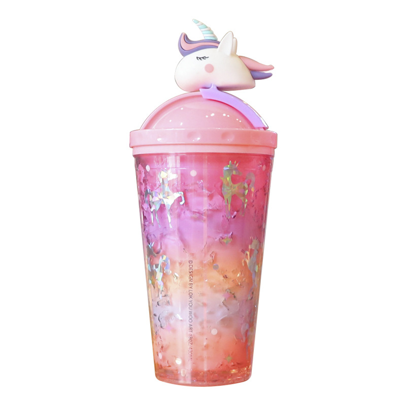 Double-layer refrigerated straw cup, fashionable gradient color cute ice cup, student couple, summer office and home beverage water cup Item Picture