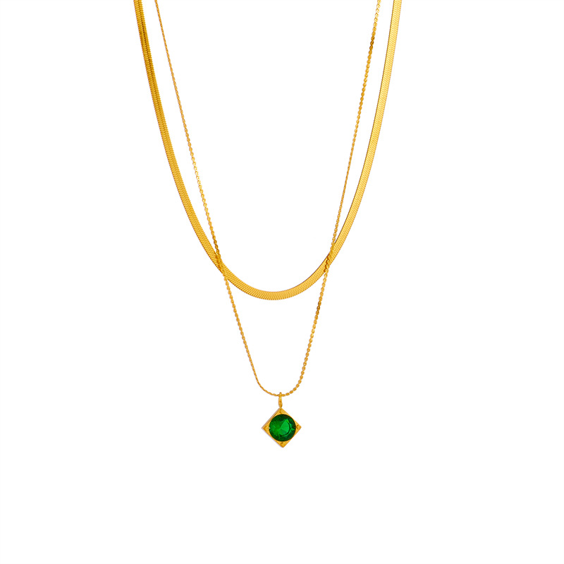 A unique, simple and high-end green square diamond pendant titanium steel double-layer chain necklace from Europe and America Item Picture