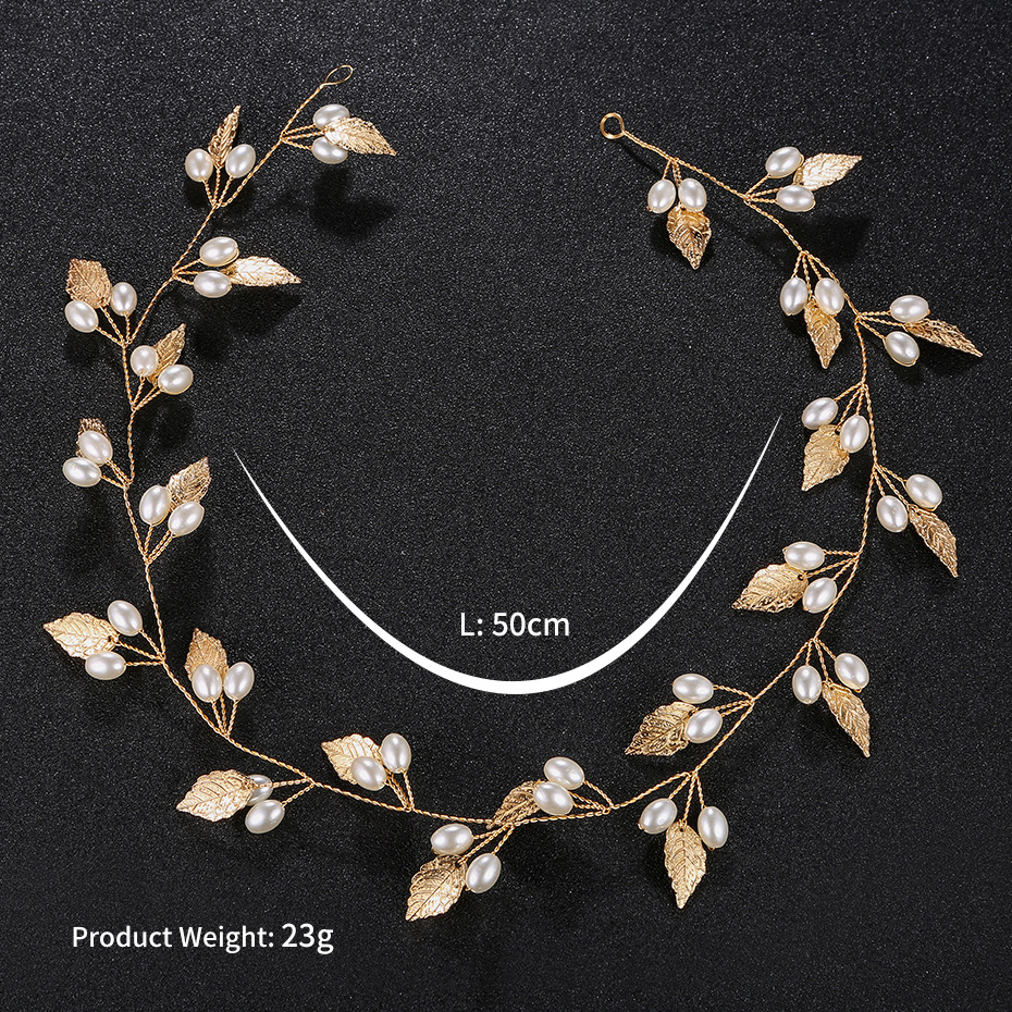 European and American accessories, alloy leaves, pearl bridal hair bands, wedding banquet hairstyle accessories, hand-woven updo headbands Specification drawing