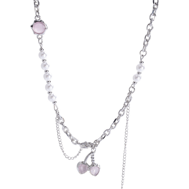 ins trendy high-end design sense spliced necklace for women, light luxury, niche and versatile, sweet and cool style pink cherry collarbone chain batch Item Picture