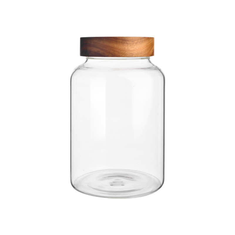 Large-capacity spiral-mouth glass sealed jar, round wooden lid transparent tangerine peel storage jar, moisture-proof coarse grain storage jar Item Picture