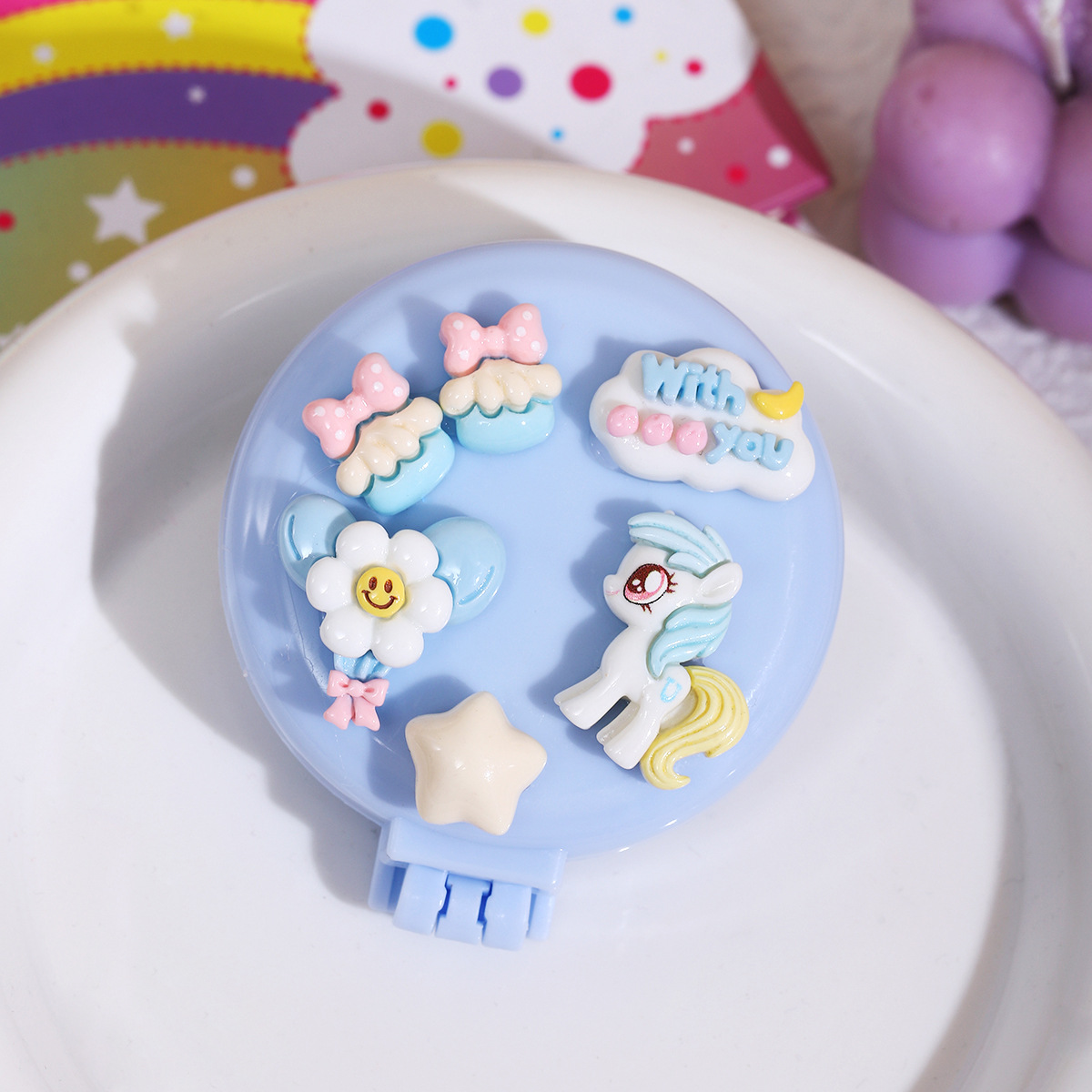 Cute mini portable air cushion comb for girls, foldable small comb, cartoon airbag massage comb, mirror integrated Specification drawing