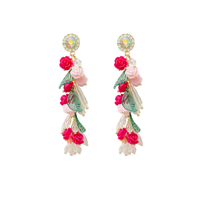 Girlish and ethereal floral tassel pendant earrings, ins style forest-themed stud earrings, exaggerated tassel earrings, flower earrings Item Picture