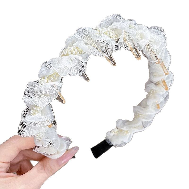Sweet mesh pleated beaded headband, elegant inverted anti-slip headband, toothed hair tie, hair accessory, high-end headwear Item Picture