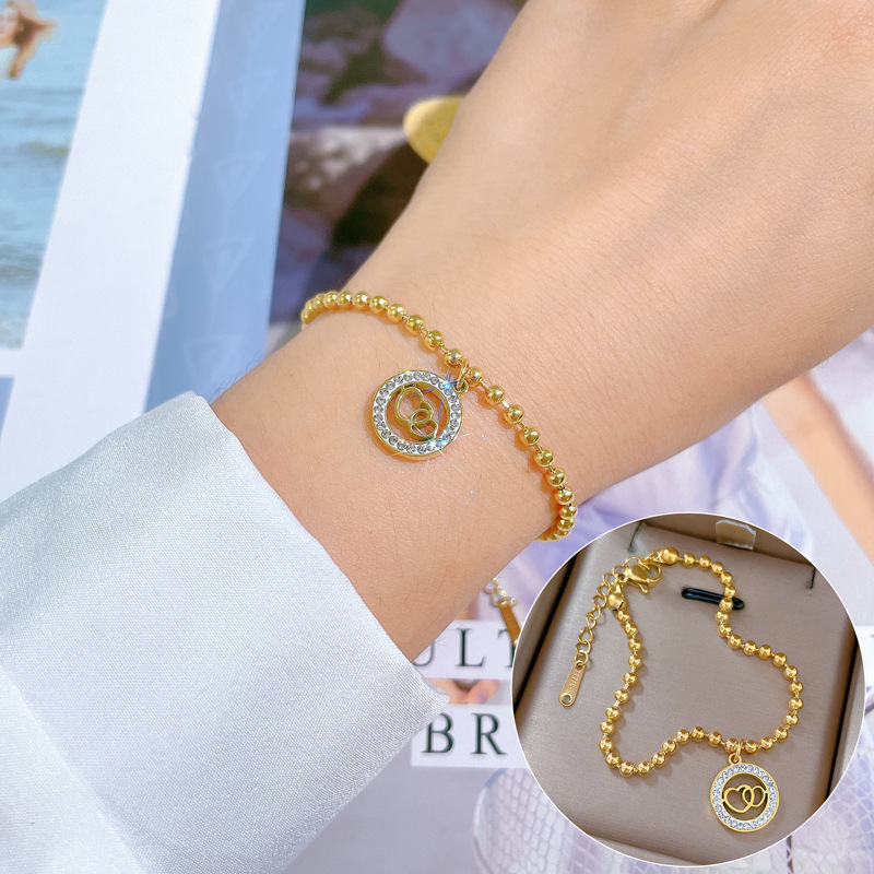【 All-titanium Steel 】 Dongdaemun Personalized round Bead Double-ring heart-shaped bracelet, a retro birthday gift for female Internet celebrities and best friends full figure