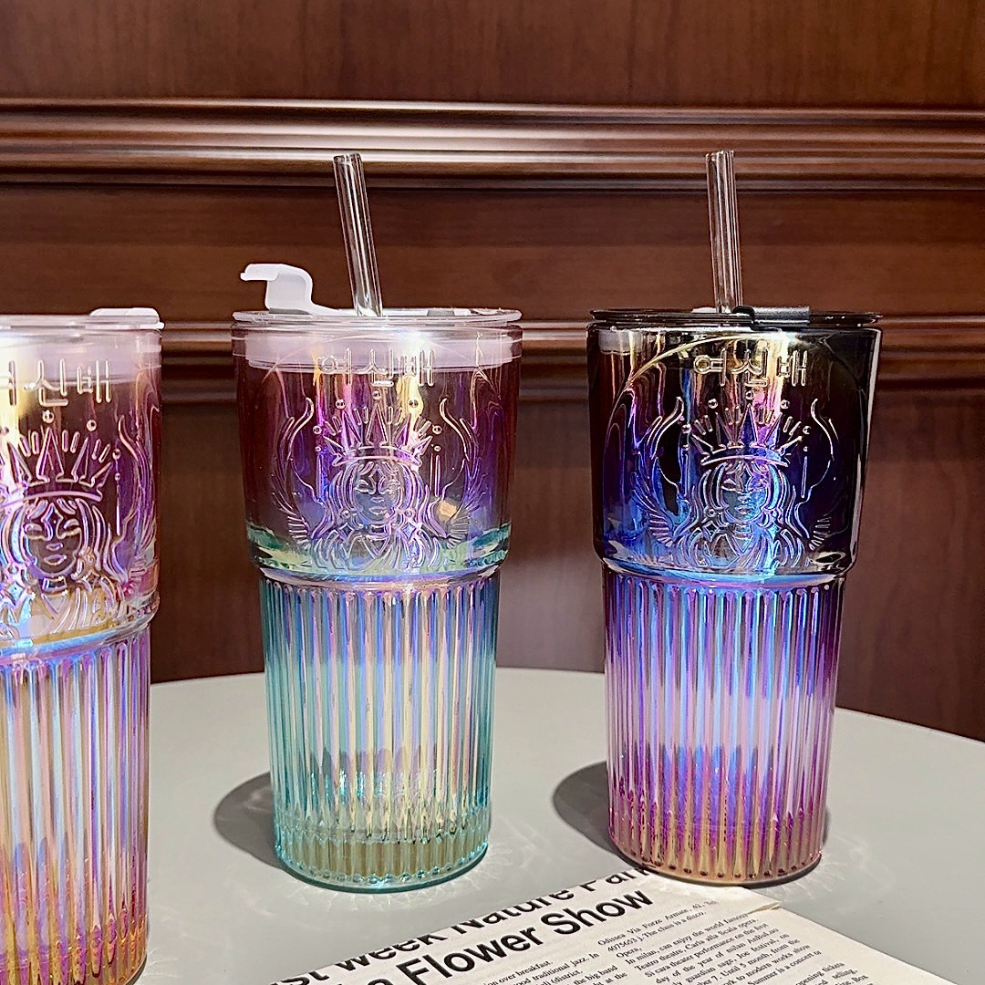 Gradient color thickened glass cup, high appearance level, colorful girls' straw cup, desktop home double-drinking goddess relief water cup Application Scenario