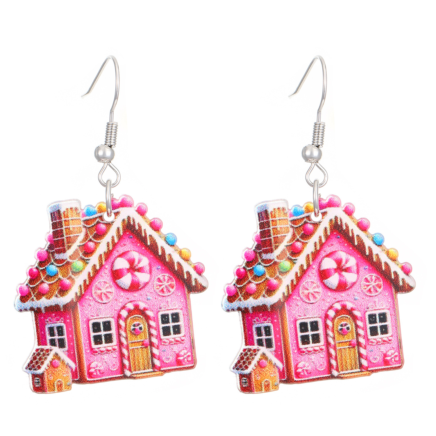 European and American cross-border pink gingerbread house flat earrings, Christmas cartoon personality acrylic earrings for women Item Picture