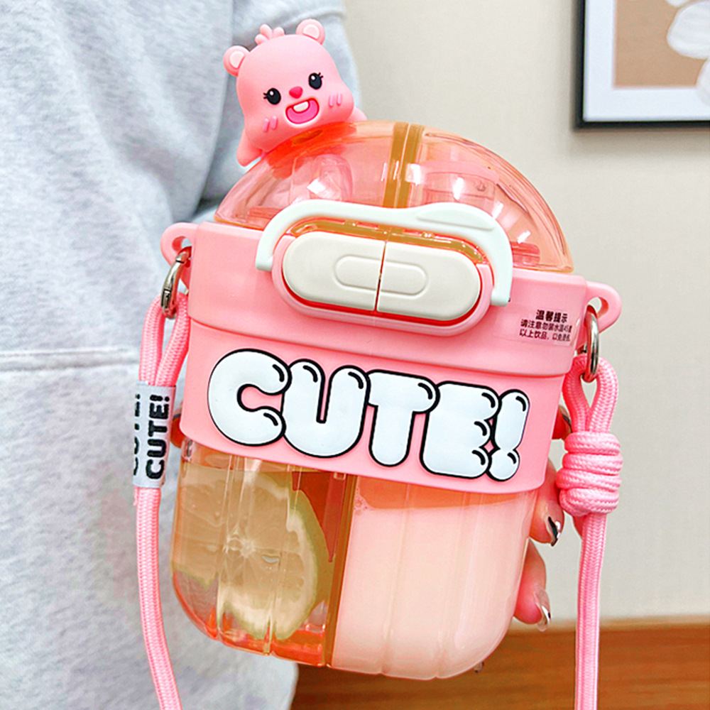 Cute multi-compartment water cups, cartoon dolls, student and children's straw cups, double-drinking girls, high appearance level portable plastic cups details Picture