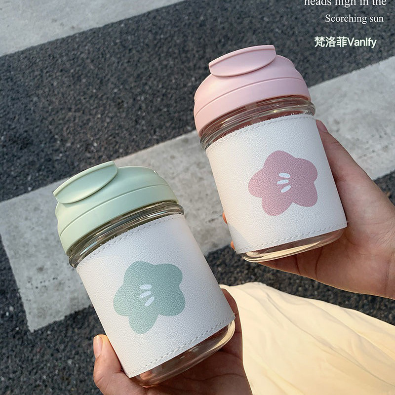 Factory direct supply of glass cups, portable straw cups, summer coffee cups, leather-covered water cups details Picture