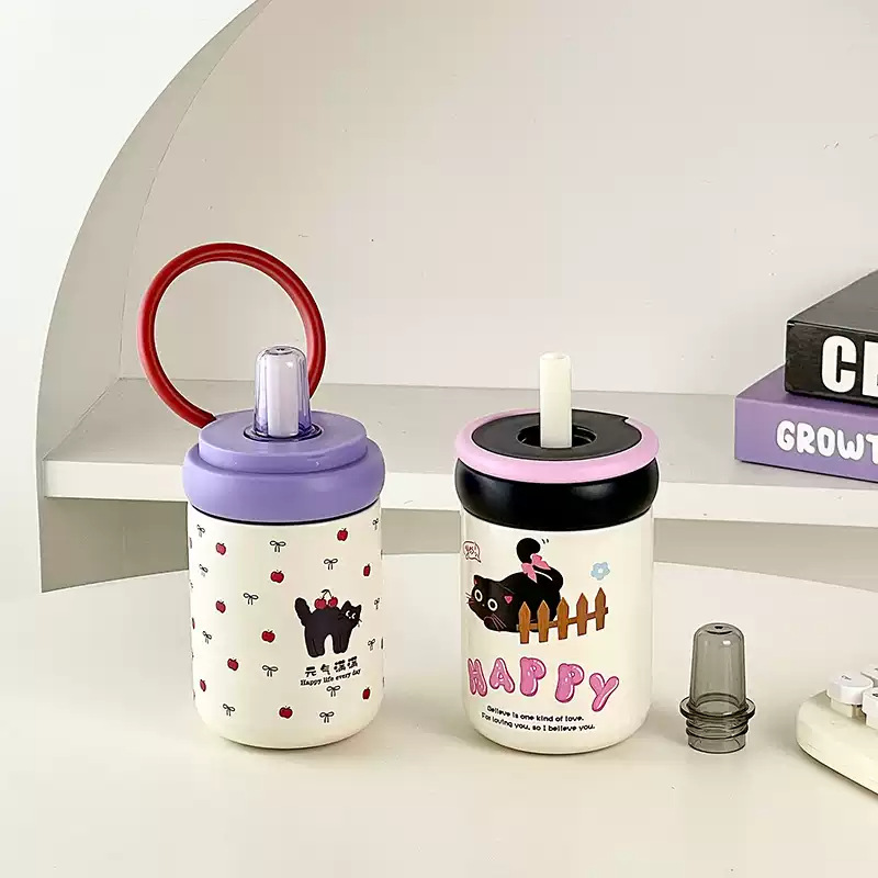 Wholesale of cute black cat insulated cups, student portable carrying ring straw cups, new high appearance level stainless steel water cups for girls full figure