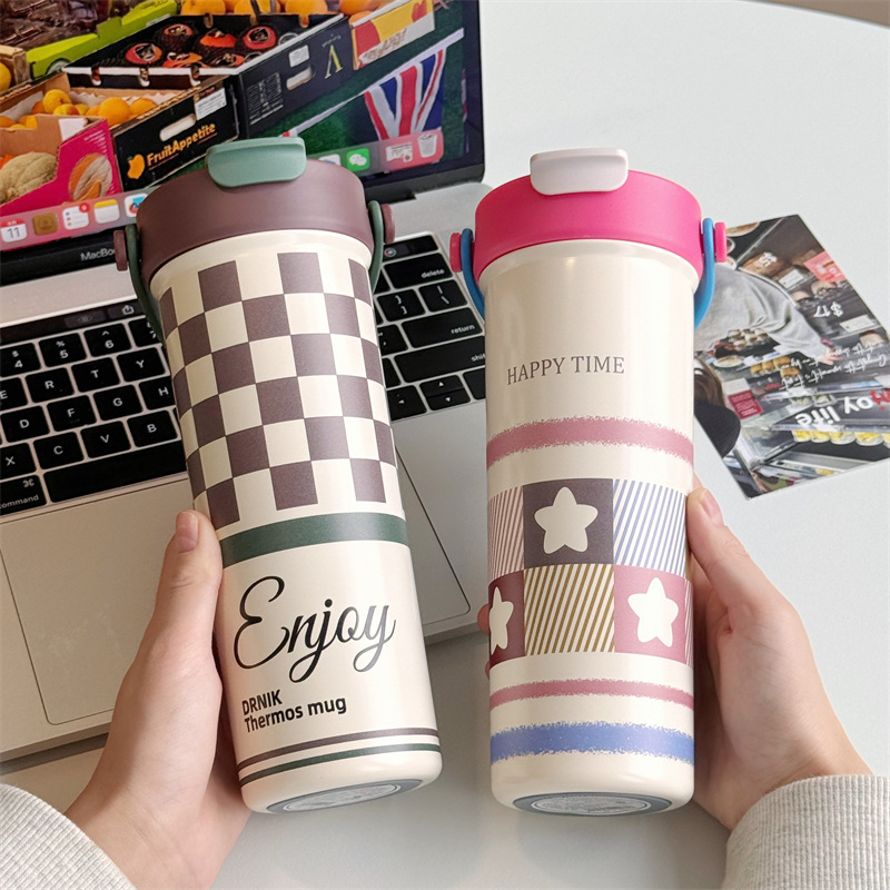 Ins-style retro double-drinking handle cup, portable stainless steel straw cup for going out, creative square student insulated water cup Specification drawing