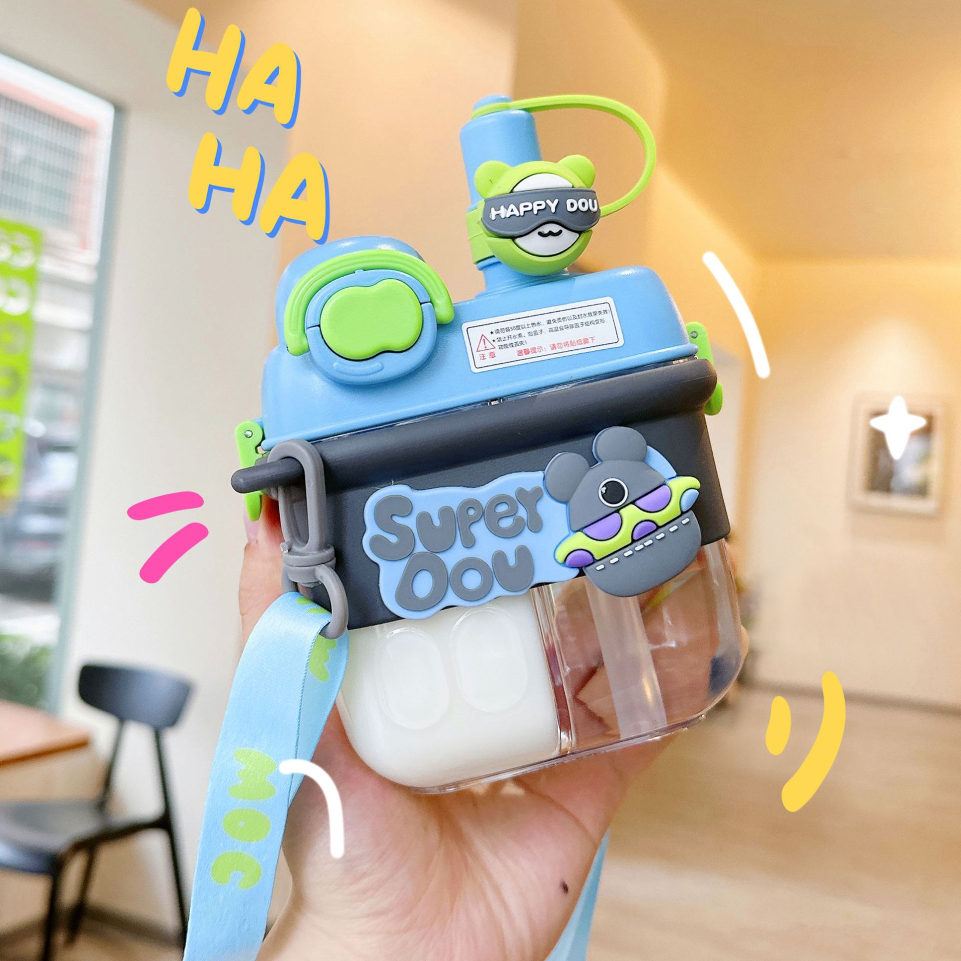 Cute and good-looking straw cup, double-drinking cartoon children's plastic cup, dual-purpose outdoor portable thickened double-combination water cup Application Scenario