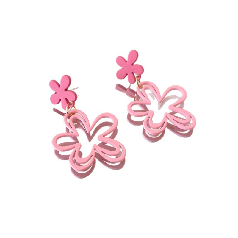 Sweet pink hollowed-out flower earrings for women, 2025 new forest-themed cute girl stud earrings, personalized tassel earrings Item Picture