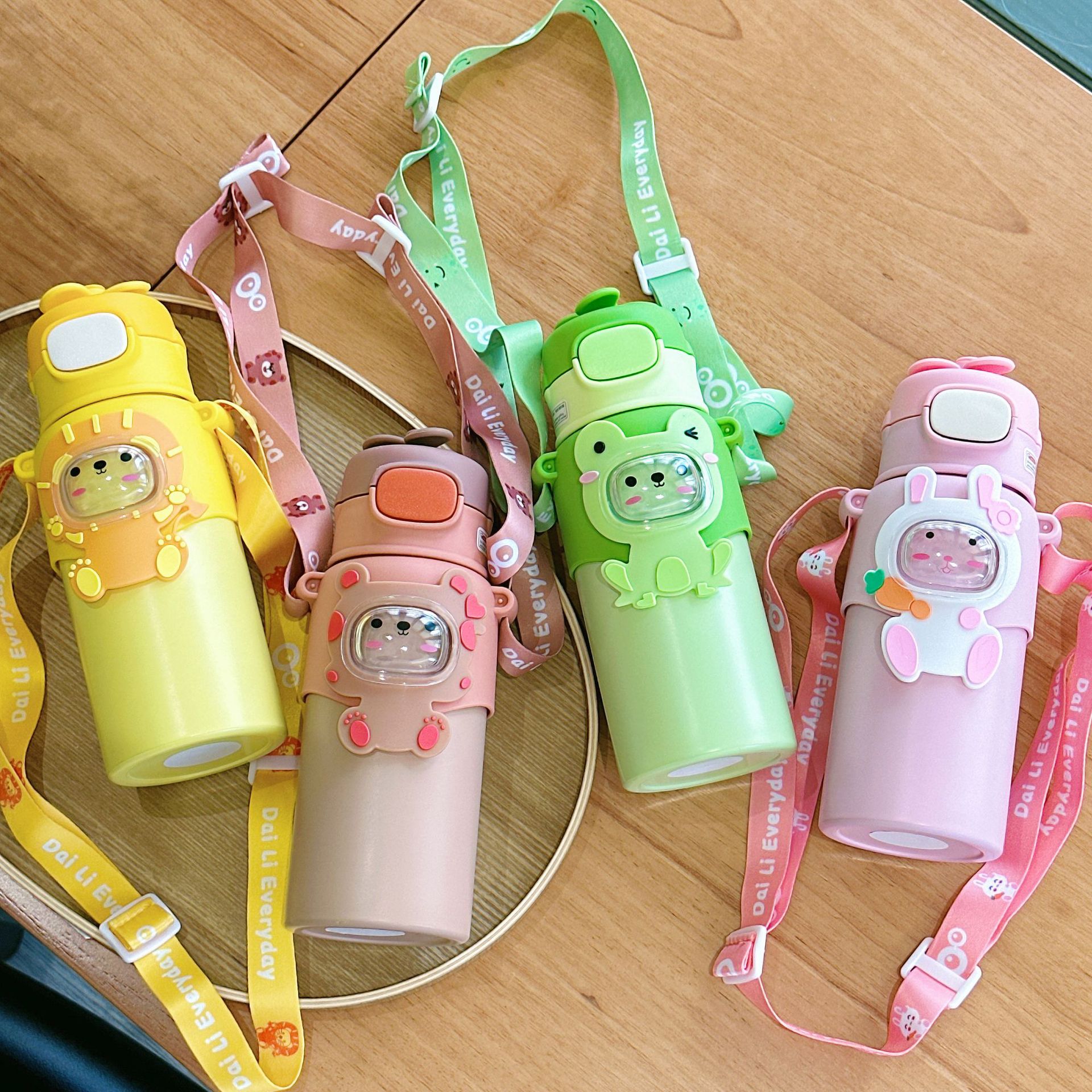 Wholesale of new children's straw cups, cartoon animal insulated cups for boys and girls, and stainless steel cute water cups with diagonal spans details Picture