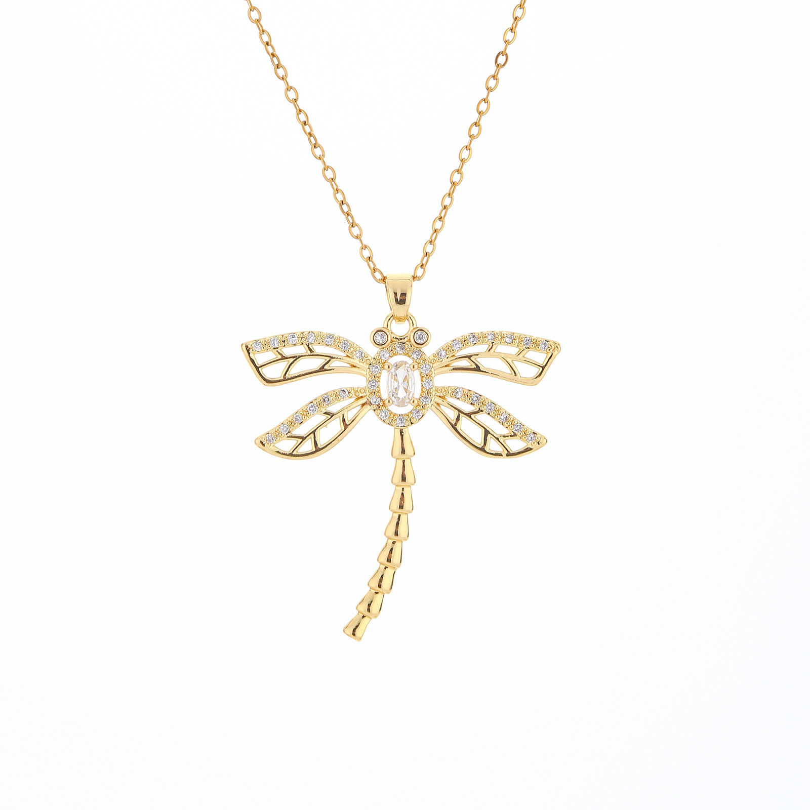 Amazon's best-selling European and American dragonfly necklace, copper zircon colored insect pendant, and exaggerated hip-hop style collarbone chain Item Picture