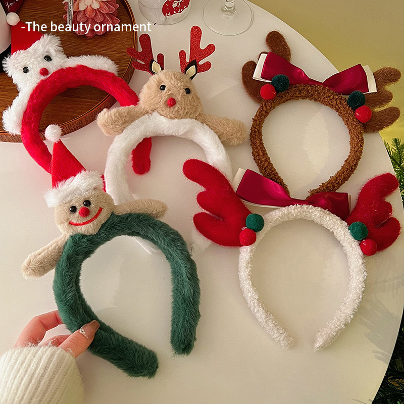 Cute plush reindeer hairband girl Christmas outfit high skull top antler headband gingerbread man autumn and winter face-washing hairpin Specification drawing