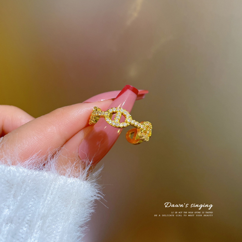 【 Real Gold 】 Diamond-encrusted pig nose opening ring for women, Japanese and Korean niche simple design index finger ring, Internet celebrity full figure