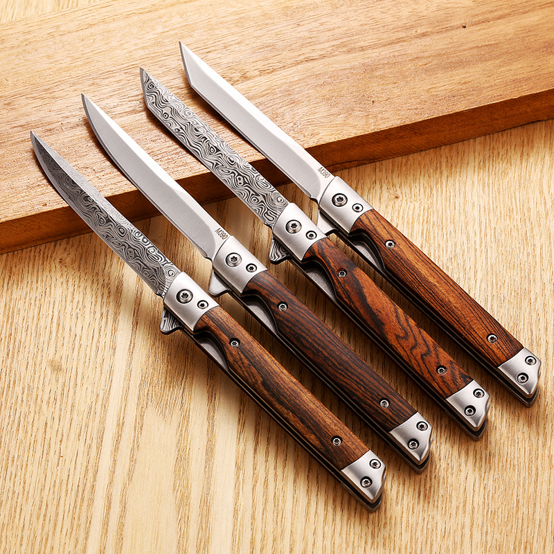 Original manufacturer's hot sale: Wooden handle folding, high hardness, durable, outdoor survival self-defense fruit knife, bone-removing knife Specification drawing