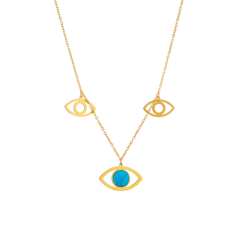 European and American fashion, individuality, niche retro style, hollowed-out blue turquoise eye pendant chain titanium steel metal necklace Item Picture