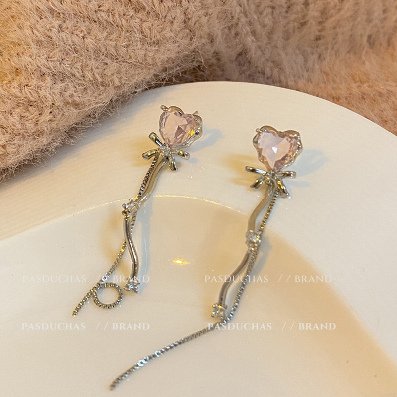 S925 Silver Needle Sweet pink heart-shaped bow Earrings, Super fairy-like, versatile and popular long tassel earrings wholesale Application Scenario